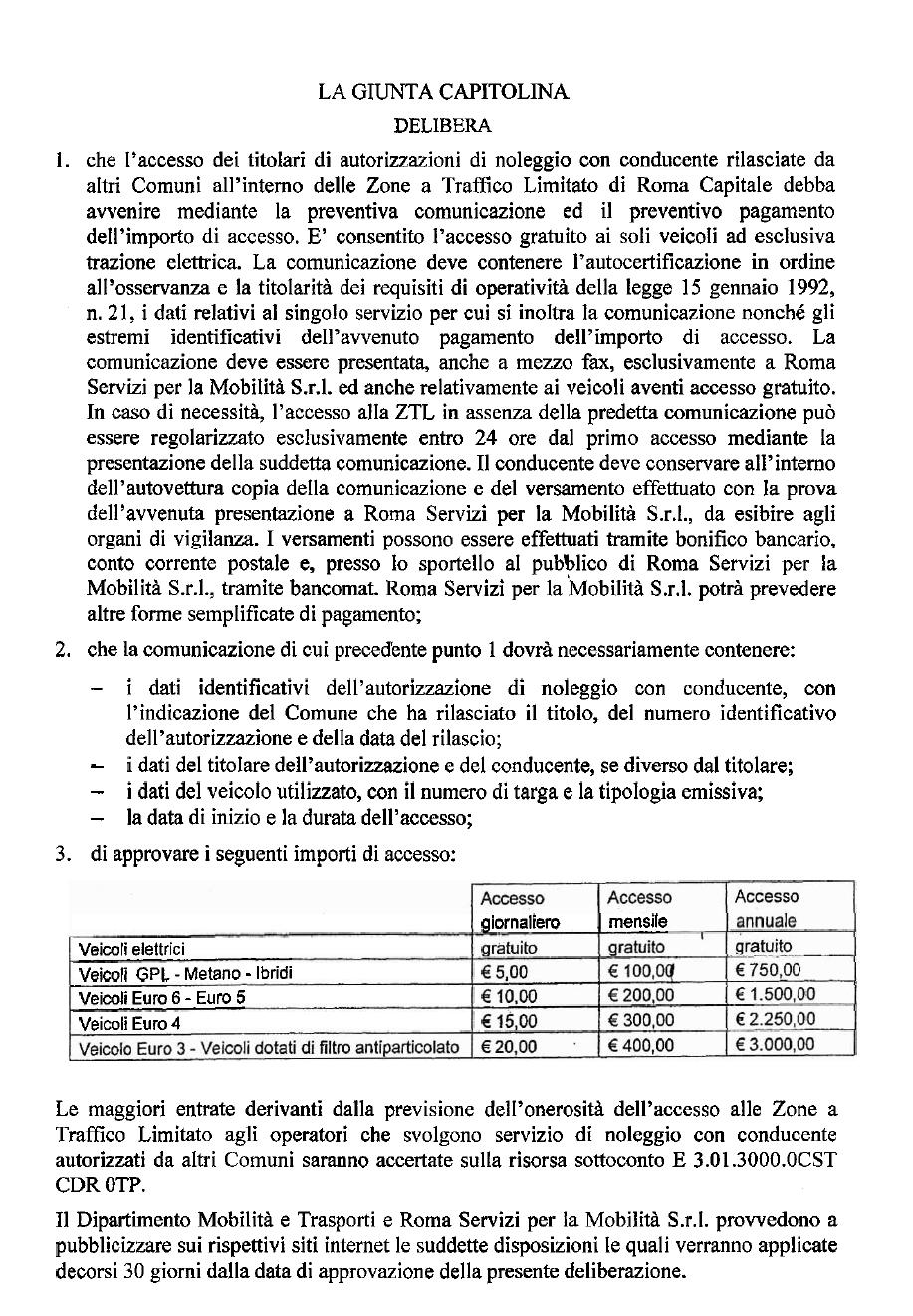 DELIBERA DI GIUNTA 282 DEL 04.10.2012 ACCESSO ZTL NCC DI FUORI ROMA Su ...